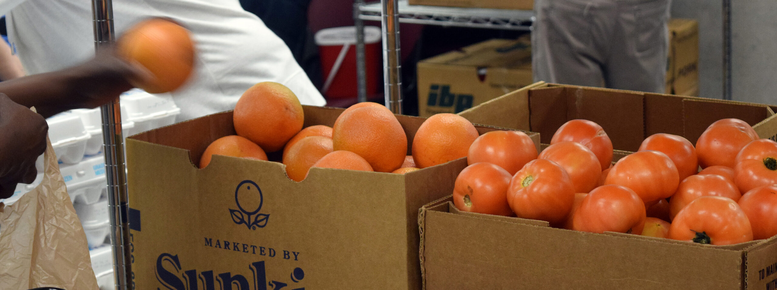 A hand taking a grapefruit from a box of produce