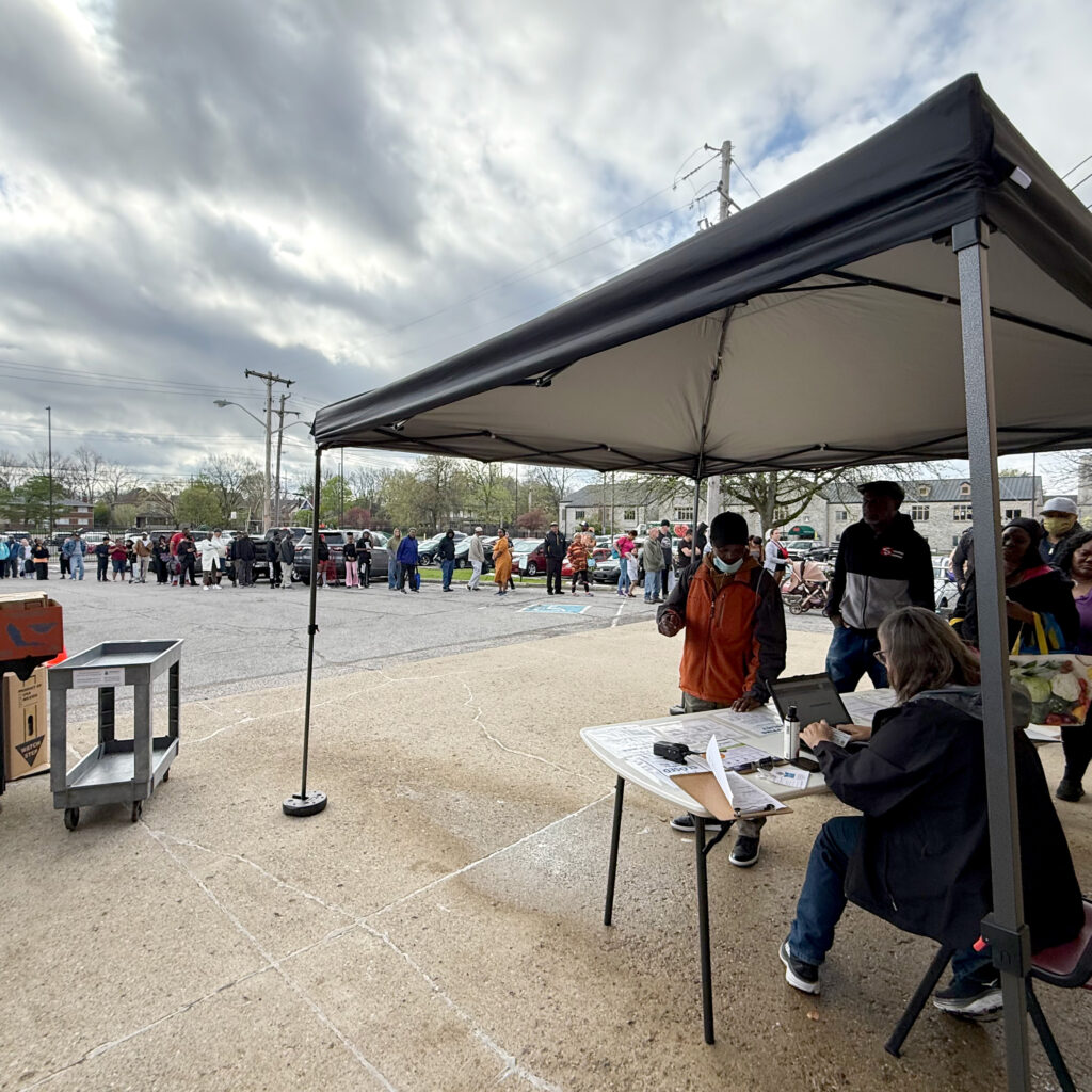 A long line outside of the food pantry